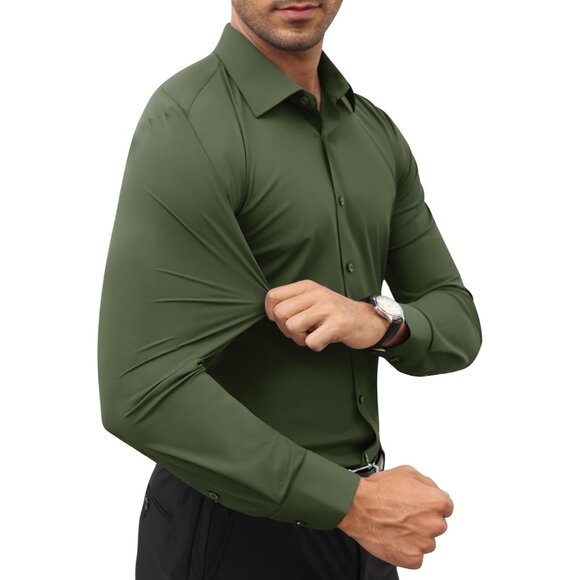Men Grass Green Long Sleeve Slim Muscle Fit Wrinkle Free Button Down Dress Shirt - Picture 2 of 9